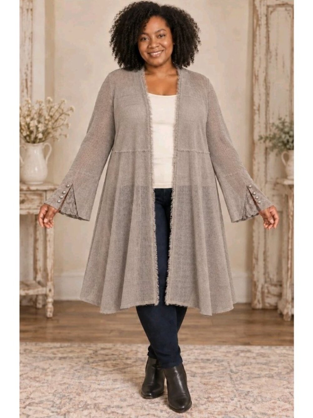 Linda Anderson Open Long Cardigan Boho Fringe Flared Lace Cuff Shabby Chic XXL